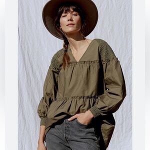 Anthropologie Mare Mare Medium Olive Green Renee V-neck Smocked Tunic Blouse